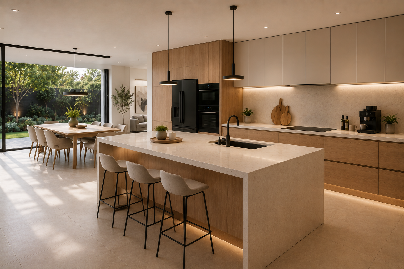 Cocina de diseño en nogal y mármol, luz cálida